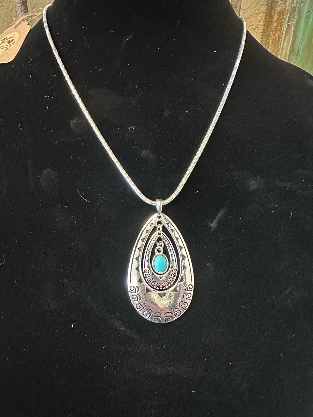 Sterling-Style Silver Teardrop Pendant Necklace with Turquoise Accent